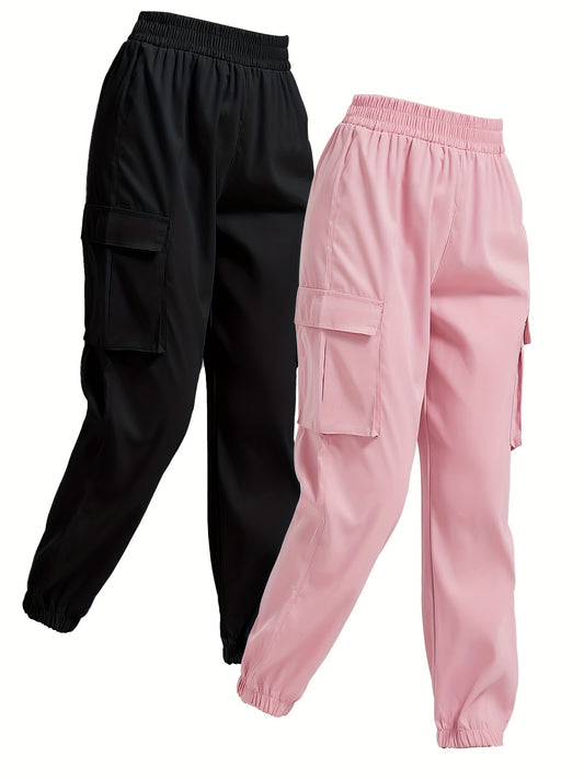 Solid Jogger Cargo Pants 2 Pack, Casual Flap Pocket Elastic Waist Pants, Women's Clothing