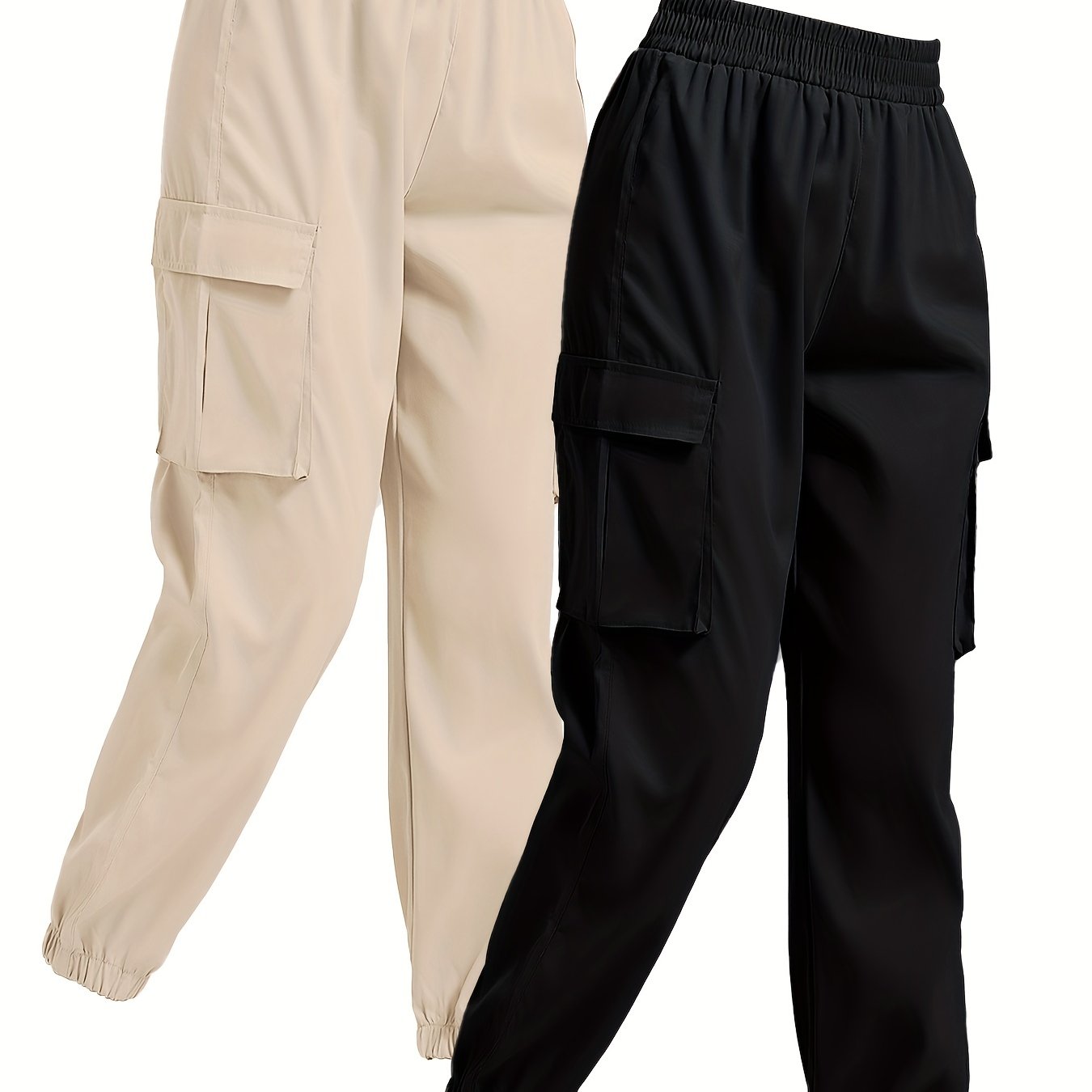 Solid Jogger Cargo Pants 2 Pack, Casual Flap Pocket Elastic Waist Pants, Women's Clothing